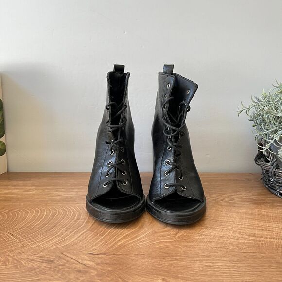 Women’s ZARA Black Leather Peep Toe Lace Up Boots Size 37 Trafaluc - Picture 4 of 9